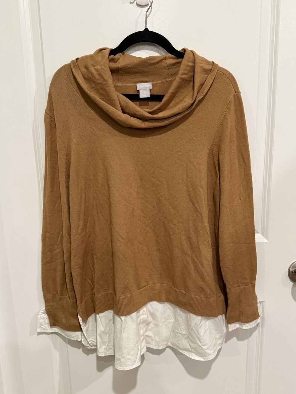 Chicos Women Mock Layer Camel Tan Cowl Neck Top Sz XL Long Sleeve Pullover